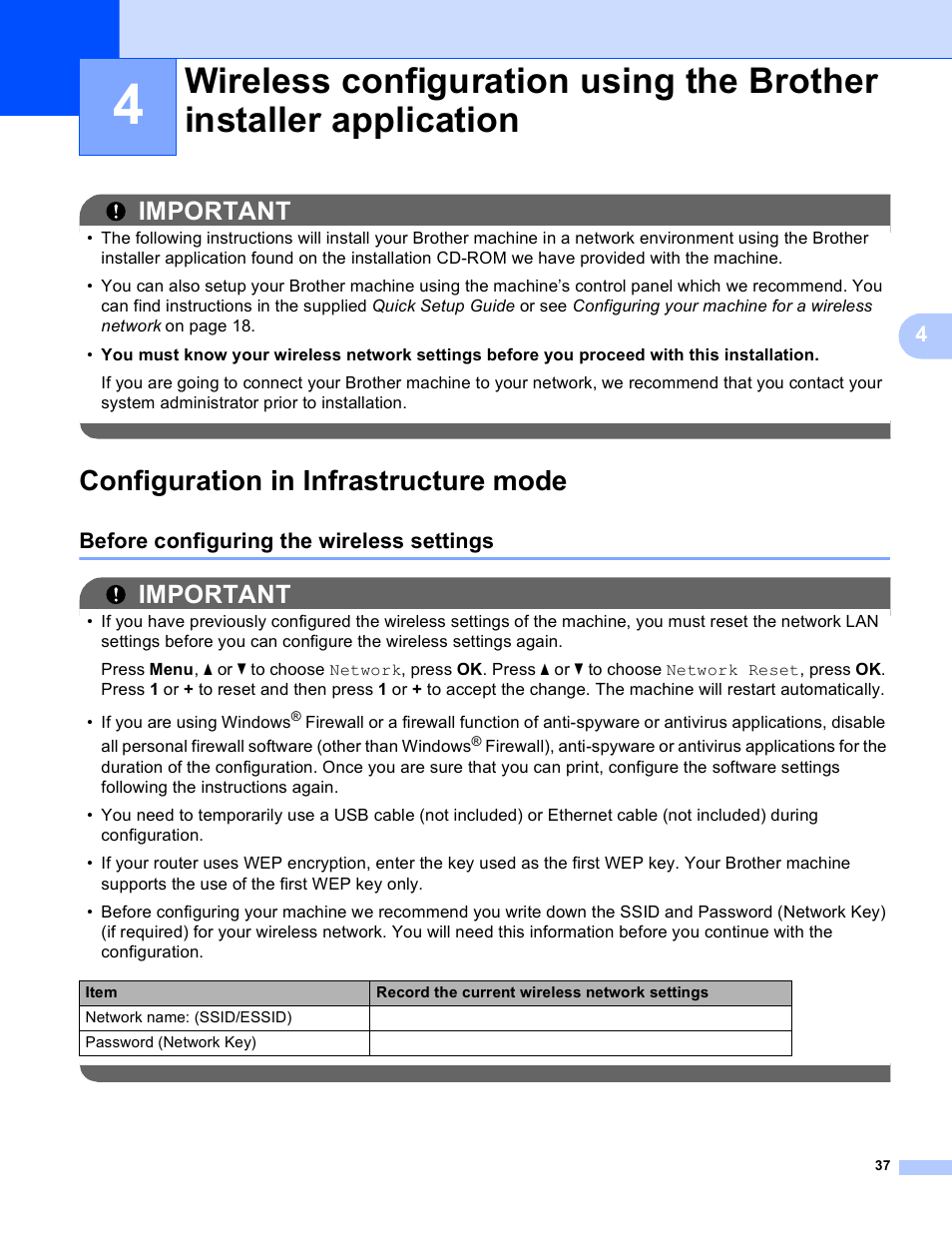 Configuration in infrastructure mode, Before configuring the wireless settings, Important | Brother MFC-J410W User Manual | Page 44 / 122