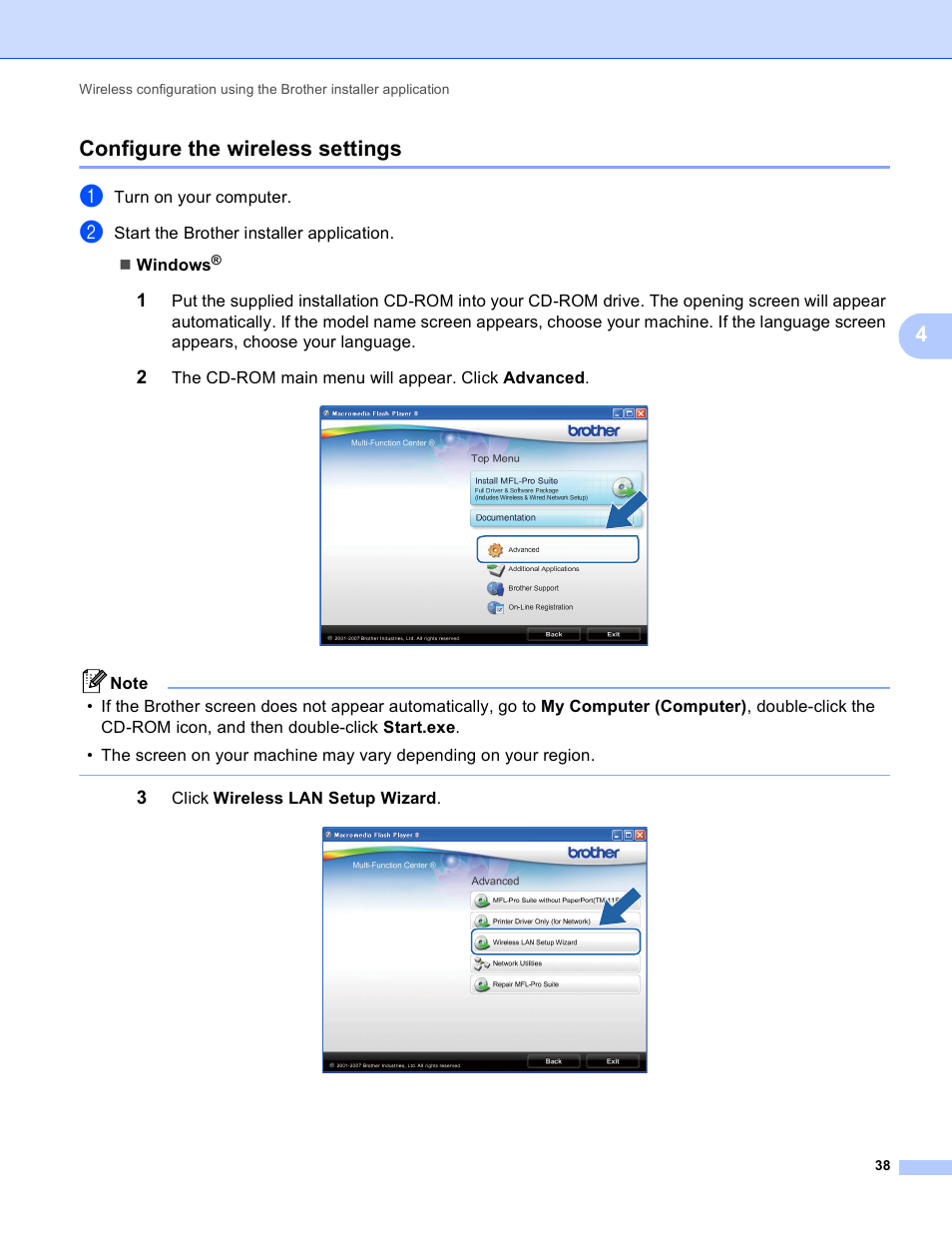 Configure the wireless settings, 4configure the wireless settings | Brother MFC-J410W User Manual | Page 45 / 122