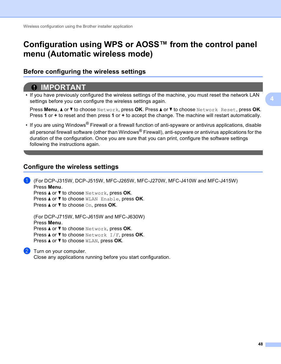 Before configuring the wireless settings, Configure the wireless settings, Important | Brother MFC-J410W User Manual | Page 55 / 122