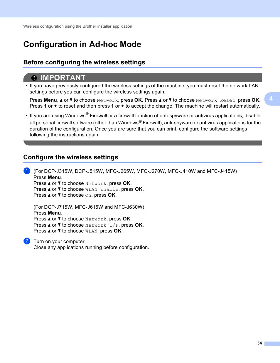 Configuration in ad-hoc mode, Before configuring the wireless settings, Configure the wireless settings | Important | Brother MFC-J410W User Manual | Page 61 / 122