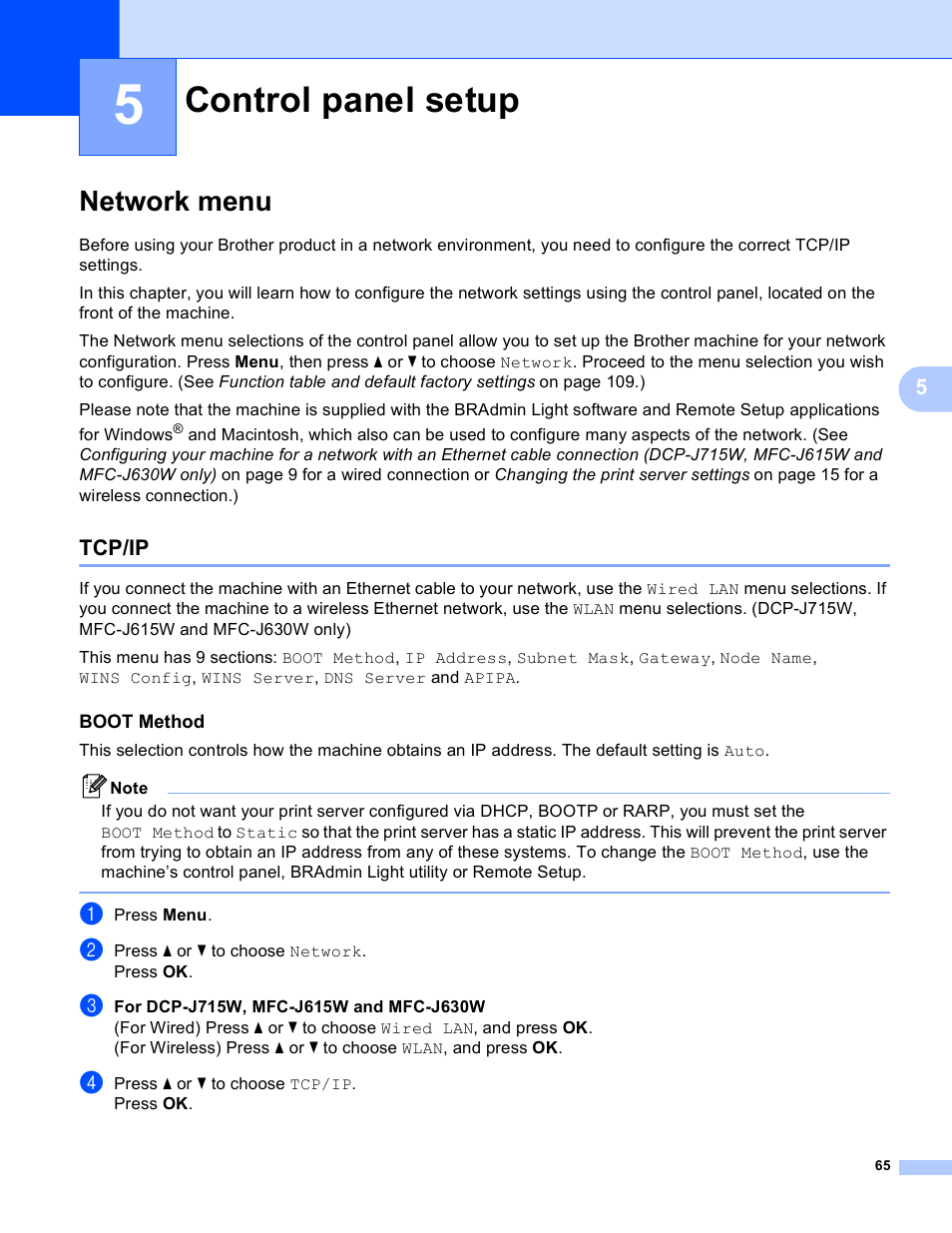 5 control panel setup, Network menu, Tcp/ip | Boot method, Control panel setup, Control | Brother MFC-J410W User Manual | Page 72 / 122