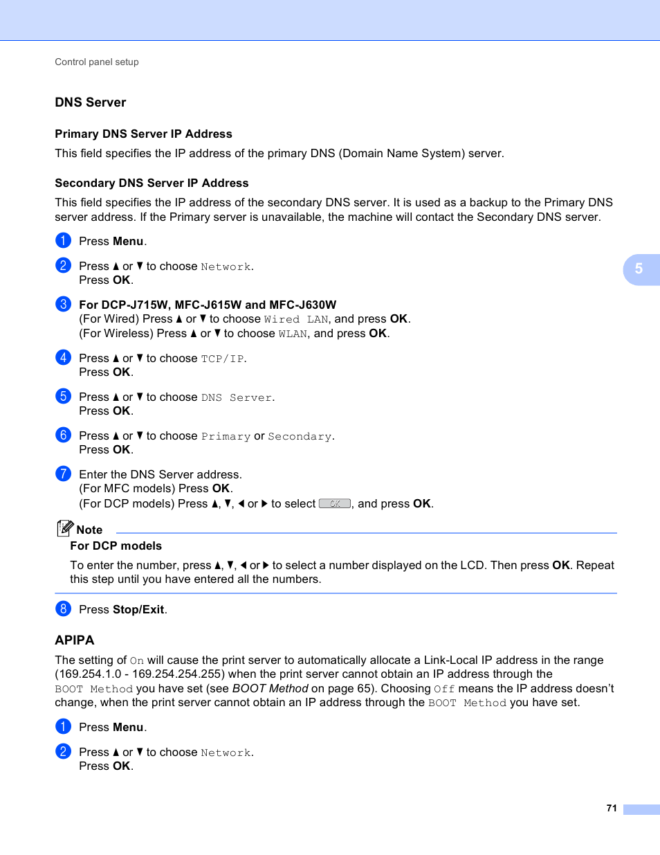 Dns server, Apipa | Brother MFC-J410W User Manual | Page 78 / 122