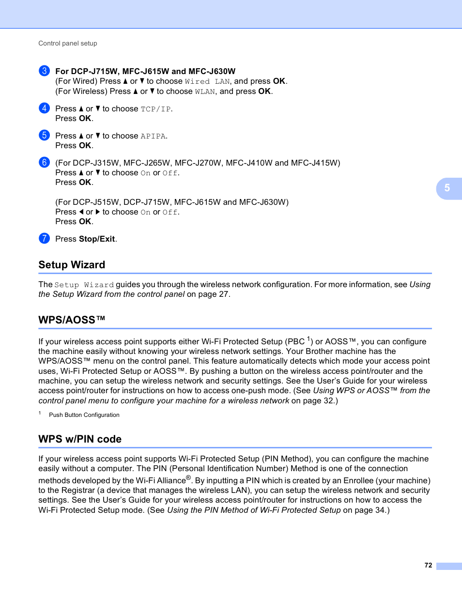 Setup wizard, Wps/aoss, Wps w/pin code | Setup wizard wps/aoss™ wps w/pin code | Brother MFC-J410W User Manual | Page 79 / 122