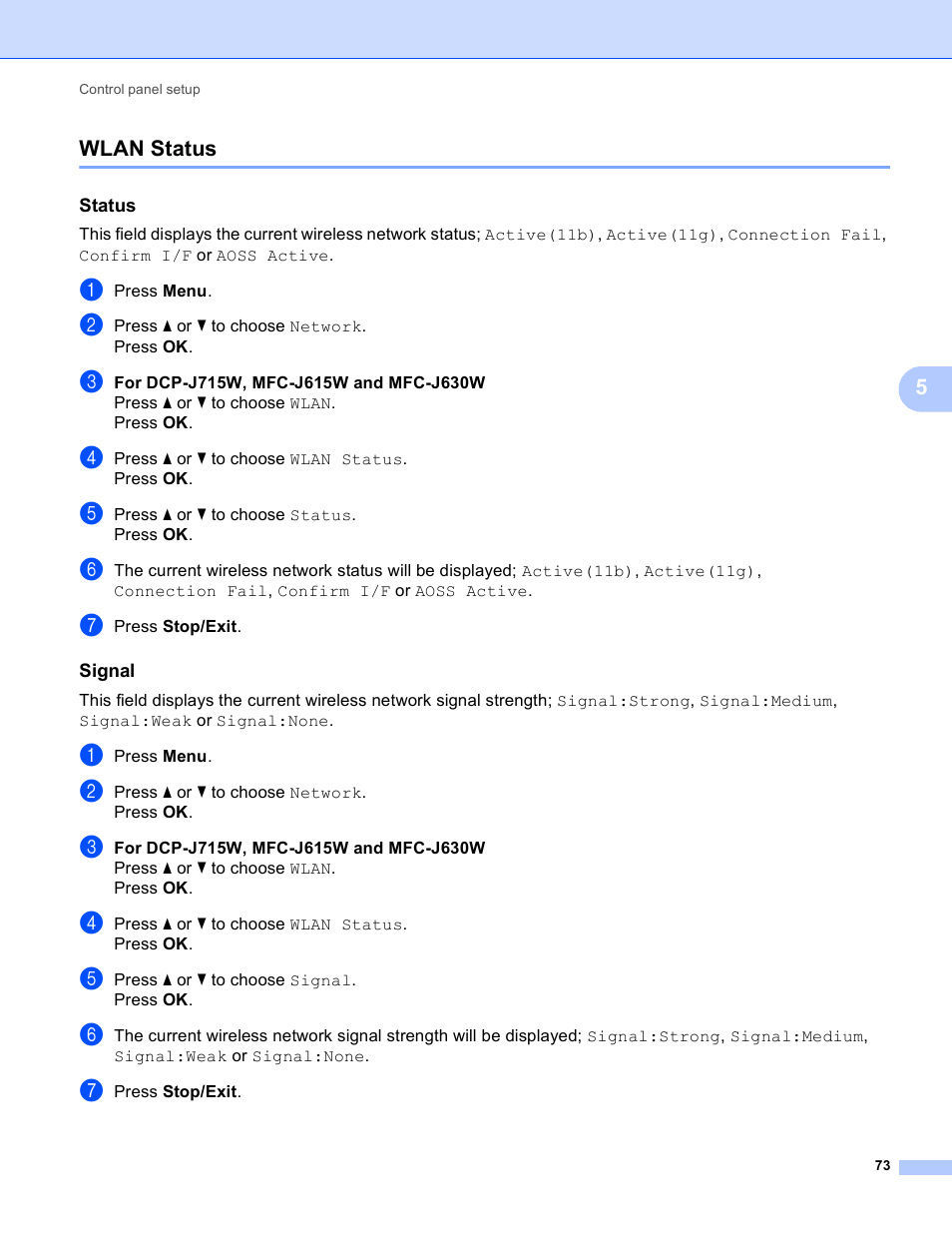 Wlan status, Status, Signal | Brother MFC-J410W User Manual | Page 80 / 122