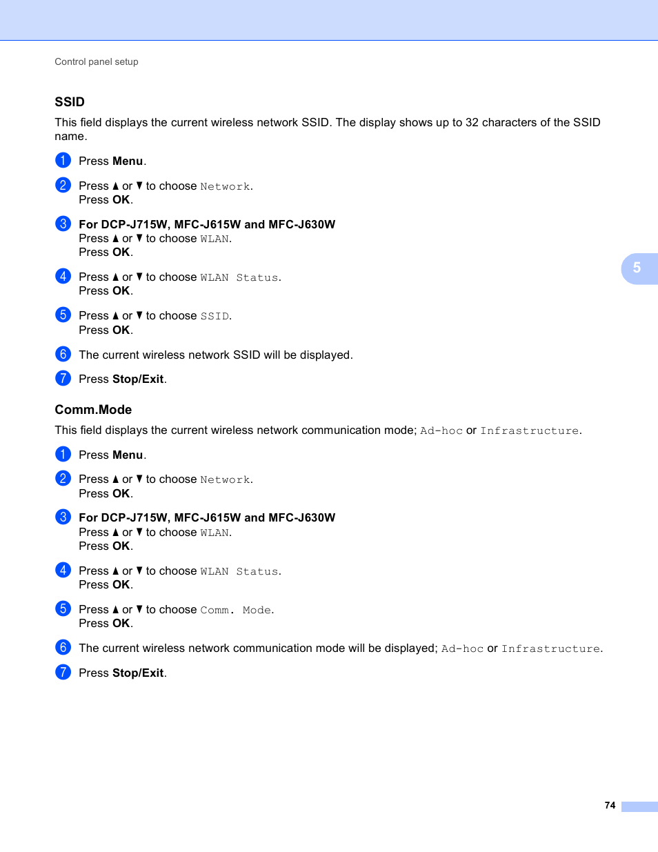 Ssid, Comm.mode | Brother MFC-J410W User Manual | Page 81 / 122