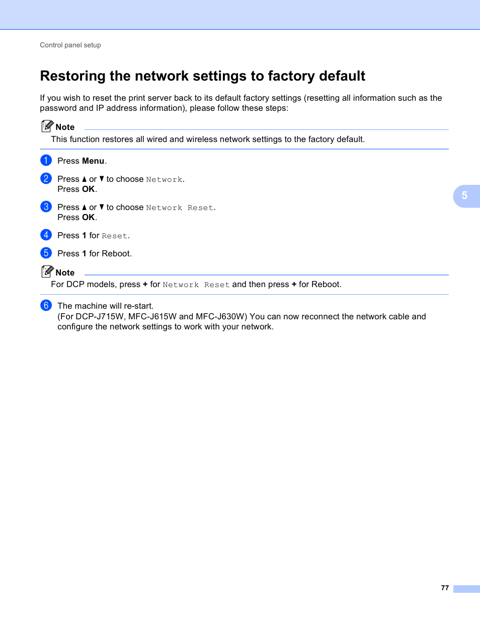 Restoring the network settings to factory default | Brother MFC-J410W User Manual | Page 84 / 122