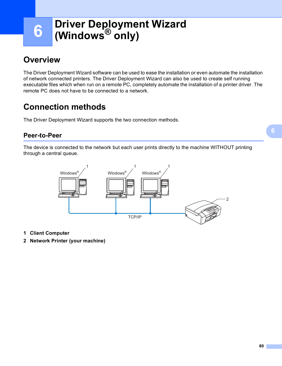 6 driver deployment wizard (windows® only), Overview, Connection methods | Peer-to-peer, Driver deployment wizard (windows, Only), Overview connection methods | Brother MFC-J410W User Manual | Page 87 / 122