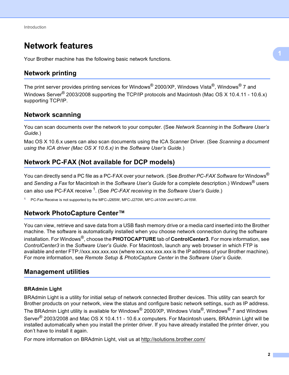 Network features, Network printing, Network scanning | Network pc-fax (not available for dcp models), Network photocapture center, Management utilities | Brother MFC-J410W User Manual | Page 9 / 122