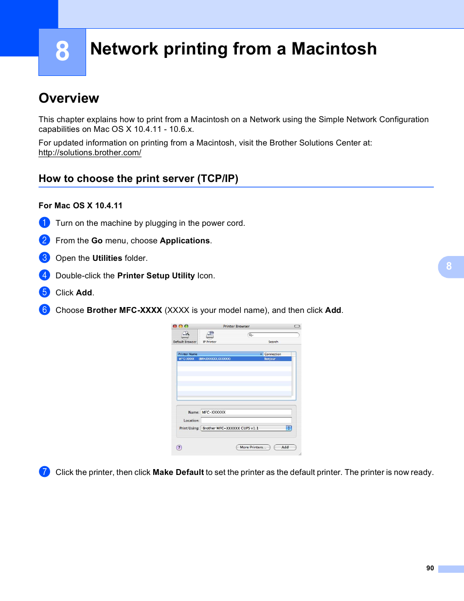 8 network printing from a macintosh, Overview, How to choose the print server (tcp/ip) | Network printing from a macintosh | Brother MFC-J410W User Manual | Page 97 / 122