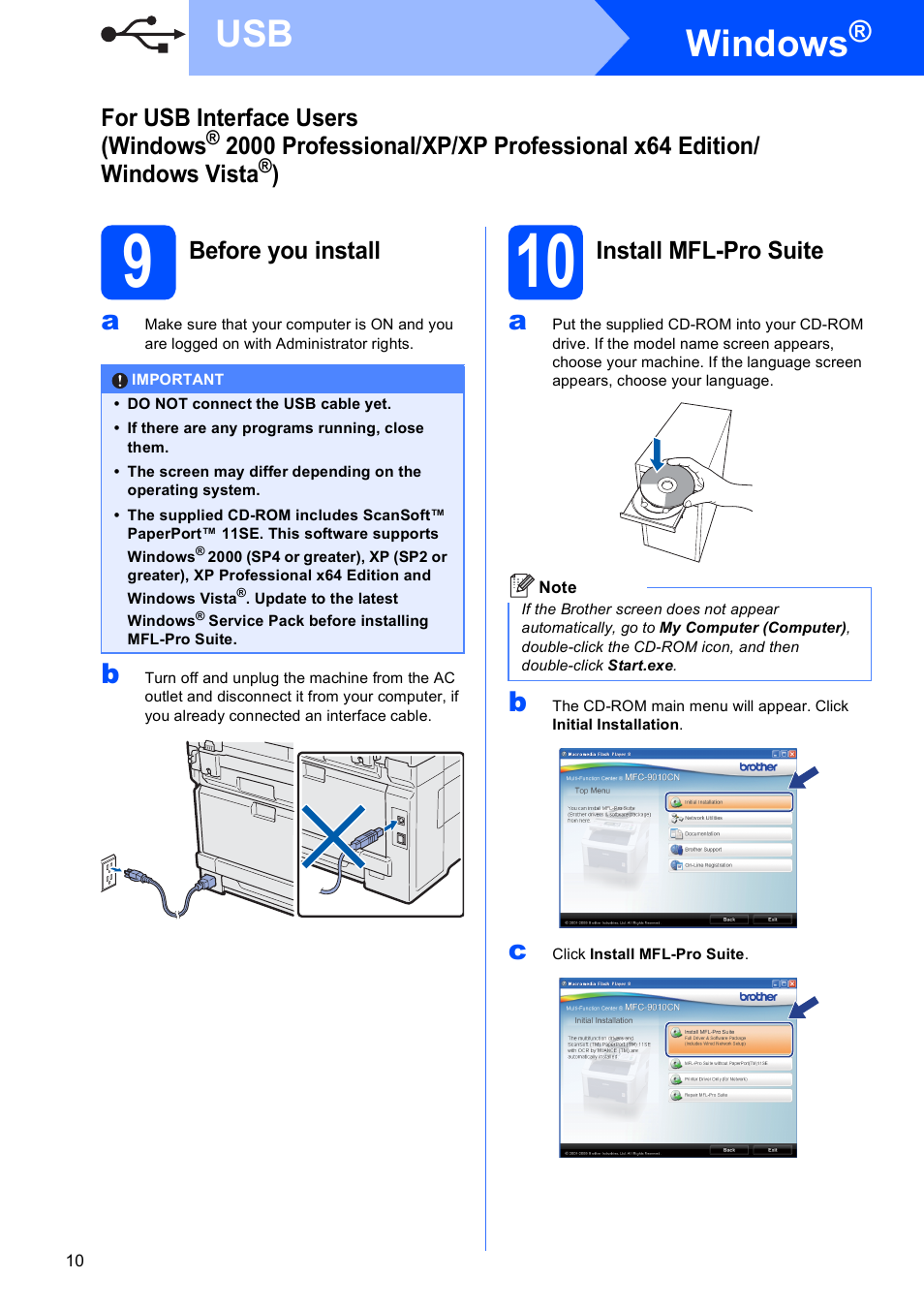 9 before you install, 10 install mfl-pro suite, Windows | Brother MFC-9010CN User Manual | Page 10 / 27