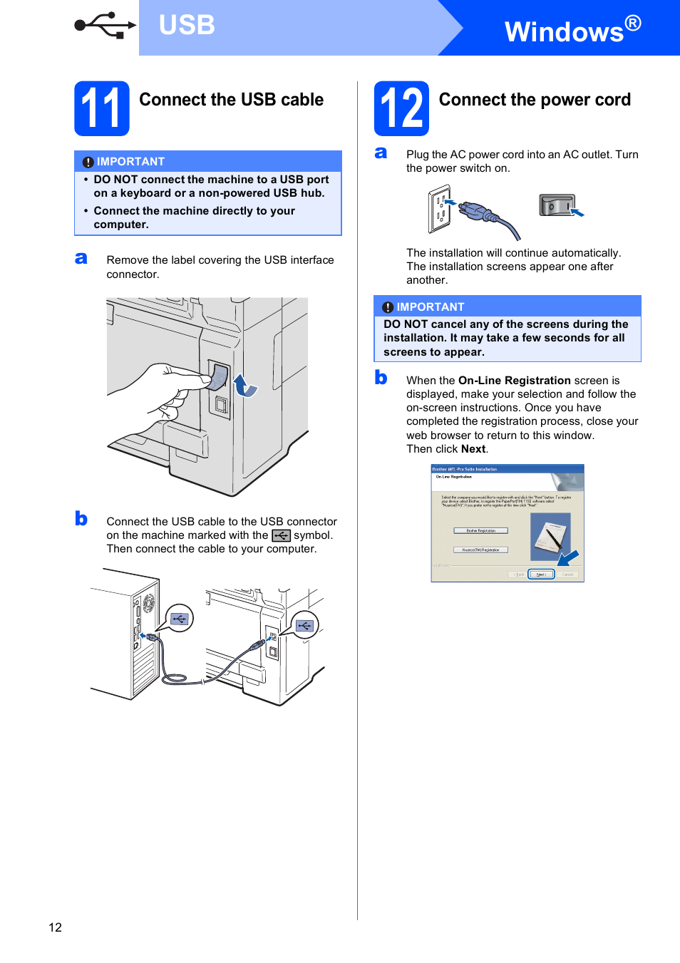 11 connect the usb cable, 12 connect the power cord, Windows | Brother MFC-9010CN User Manual | Page 12 / 27