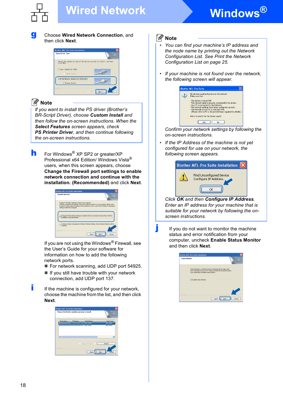 Windows, Wired network | Brother MFC-9010CN User Manual | Page 18 / 27