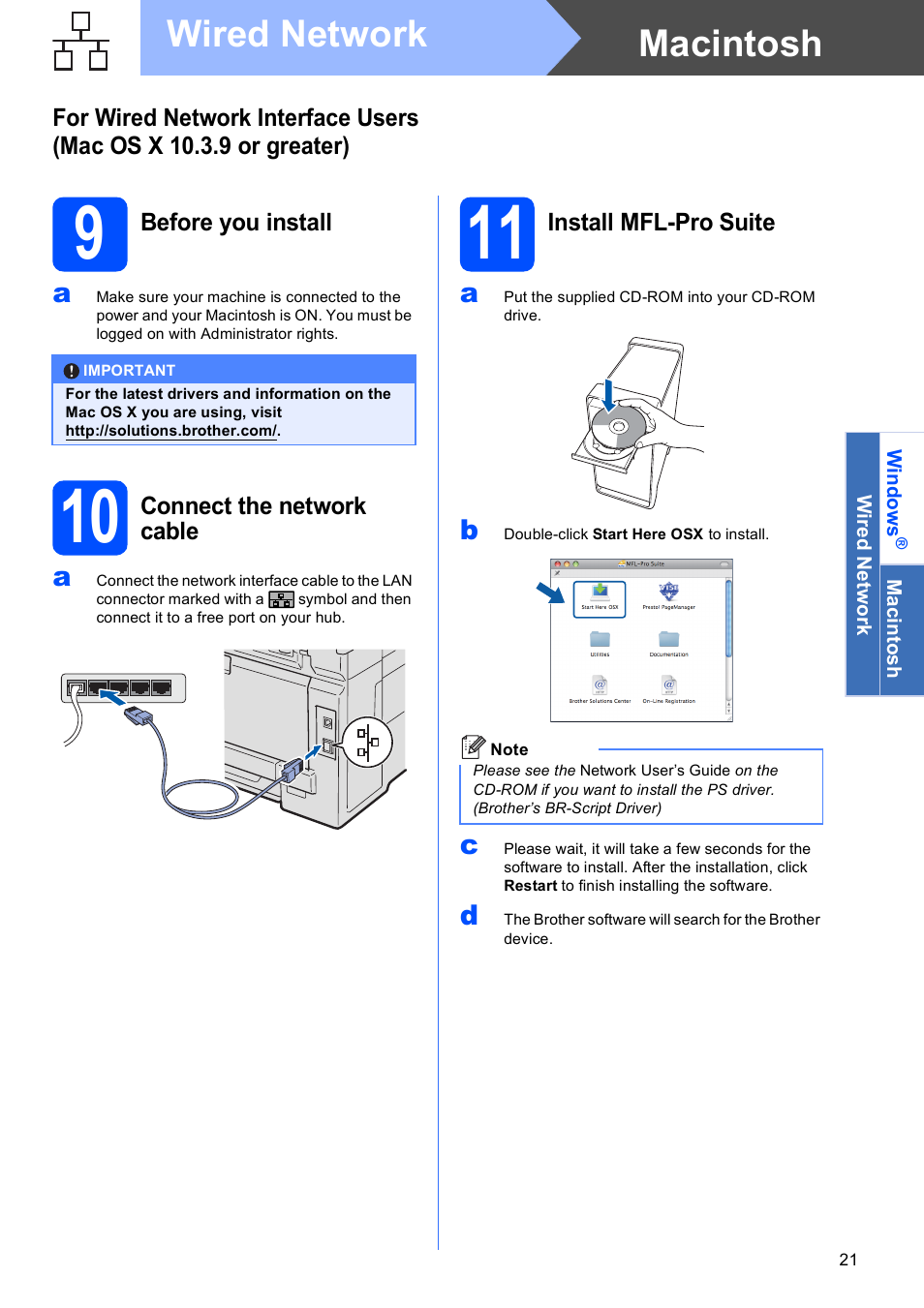 9 before you install, 10 connect the network cable, 11 install mfl-pro suite | Macintosh wired network | Brother MFC-9010CN User Manual | Page 21 / 27