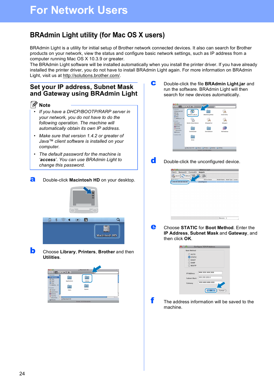 Bradmin light utility (for mac os x users), For network users | Brother MFC-9010CN User Manual | Page 24 / 27
