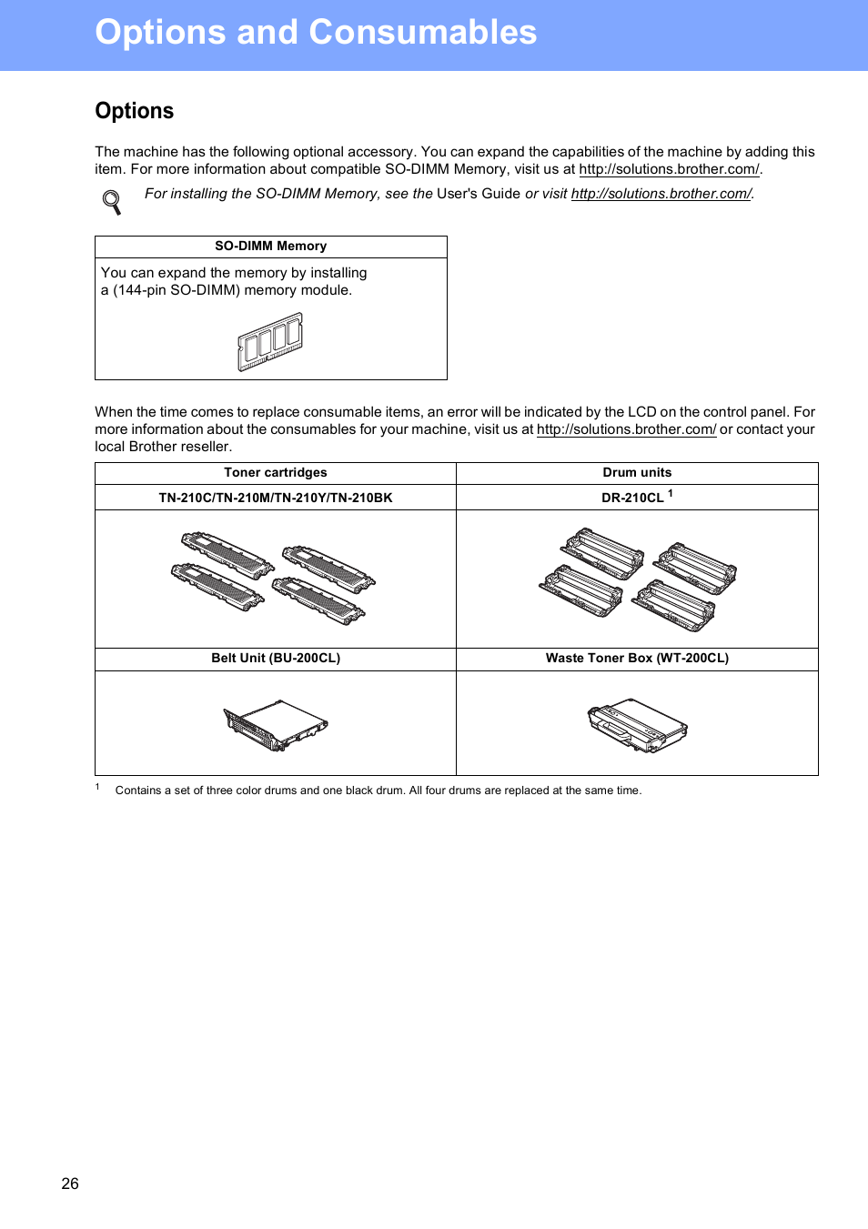 Options and consumables, Options | Brother MFC-9010CN User Manual | Page 26 / 27