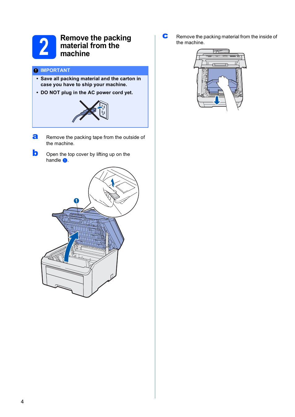2 remove the packing material from the machine | Brother MFC-9010CN User Manual | Page 4 / 27