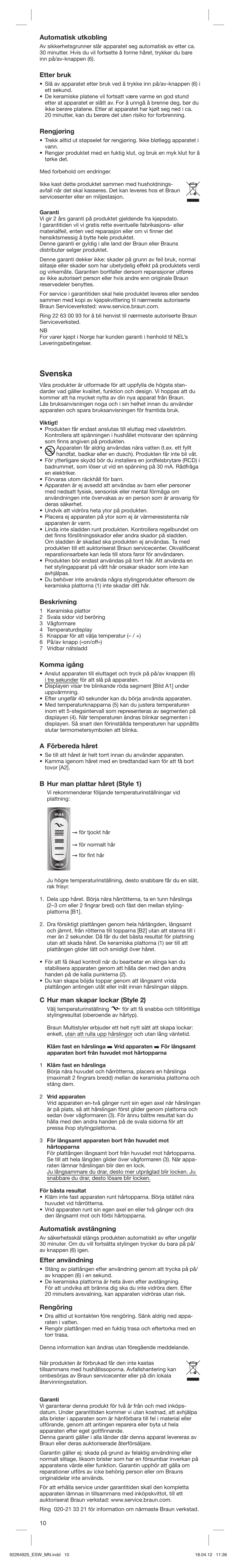 Svenska, Automatisk utkobling, Etter bruk | Rengjøring, Beskrivning, Komma igång, A förbereda håret, B hur man plattar håret (style 1), C hur man skapar lockar (style 2), Automatisk avstängning | Braun ESW Satin Hair 5 User Manual | Page 10 / 23