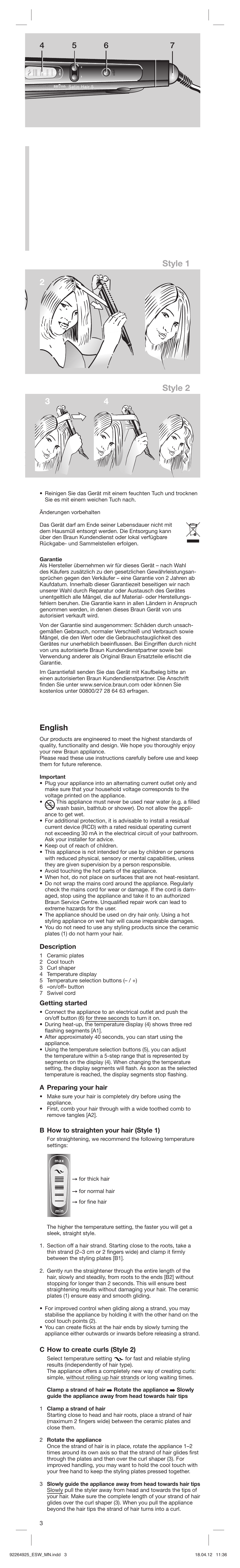 English, Description, Getting started | A preparing your hair, B how to straighten your hair (style 1), C how to create curls (style 2) | Braun ESW Satin Hair 5 User Manual | Page 3 / 23