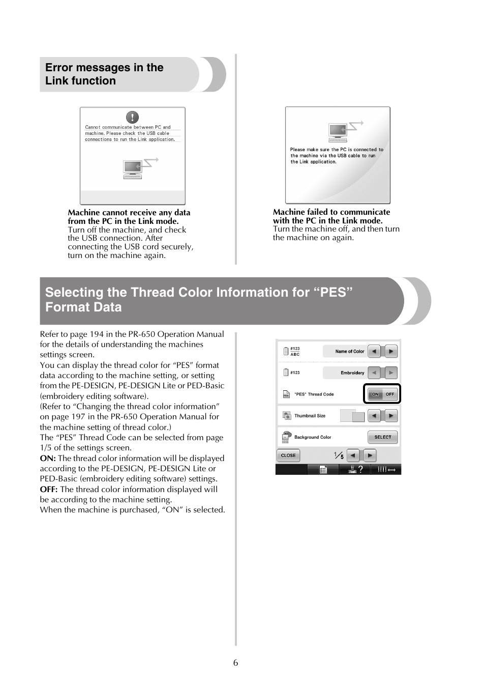 Error messages in the link function | Brother PR-650 650C User Manual | Page 6 / 8