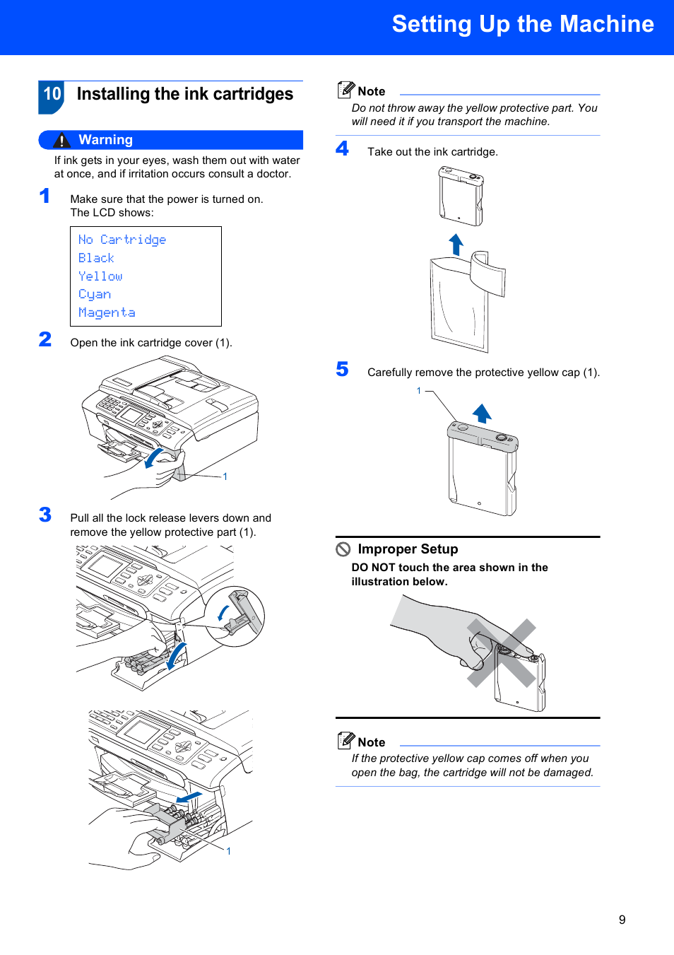 10 installing the ink cartridges, Installing the ink cartridges, Setting up the machine | No cartridge black yellow cyan magenta, Warning, Improper setup | Brother MFC-845CW User Manual | Page 11 / 57