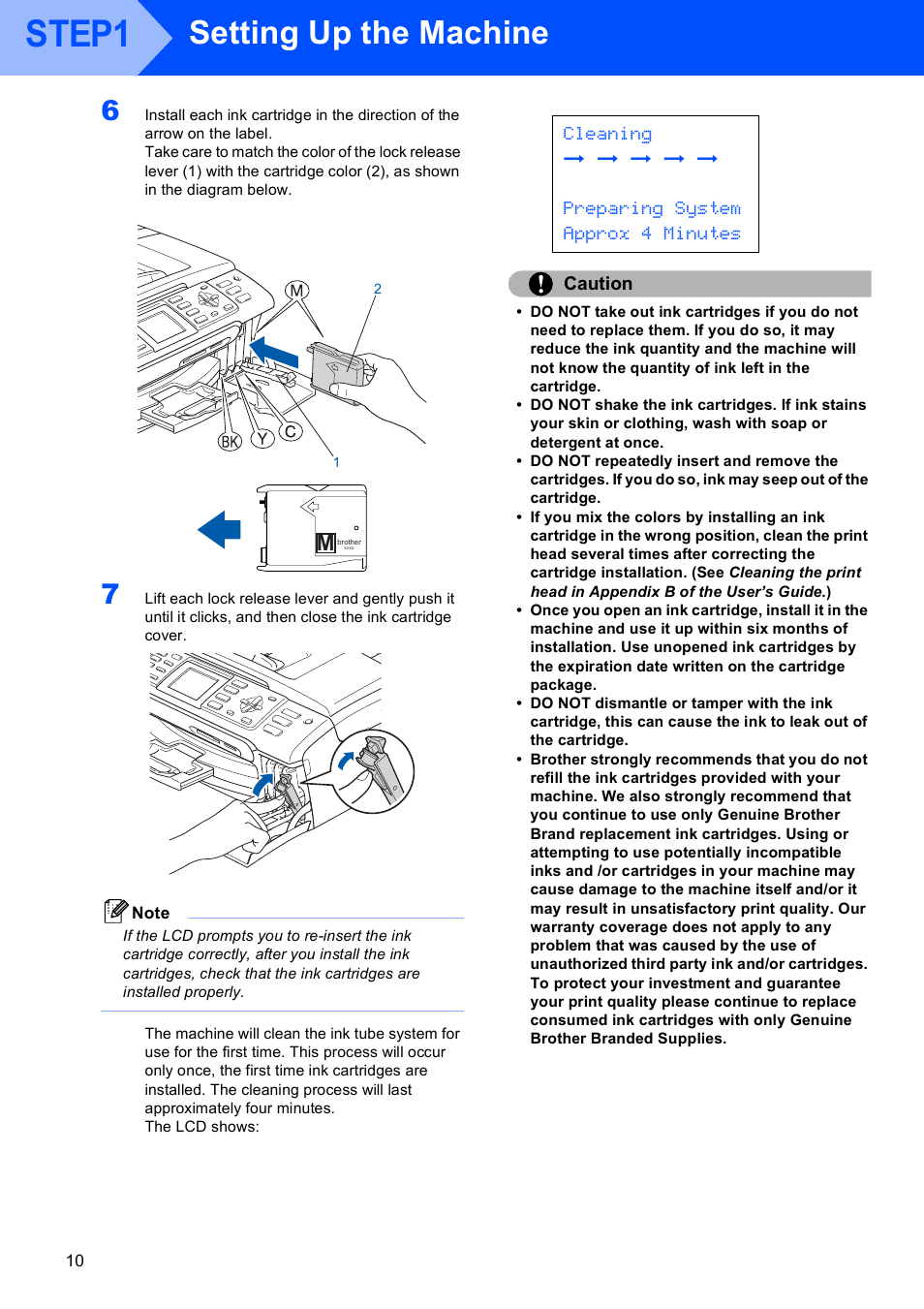 Step1, Setting up the machine, Caution | Brother MFC-845CW User Manual | Page 12 / 57