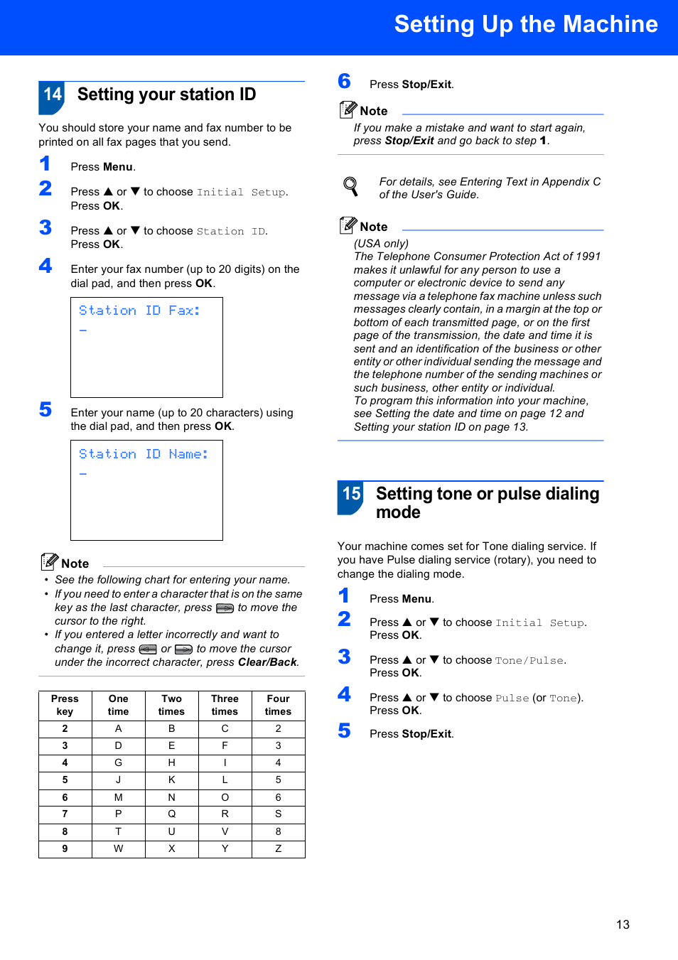 14 setting your station id, 15 setting tone or pulse dialing mode, Setting up the machine | Station id fax, Station id name | Brother MFC-845CW User Manual | Page 15 / 57