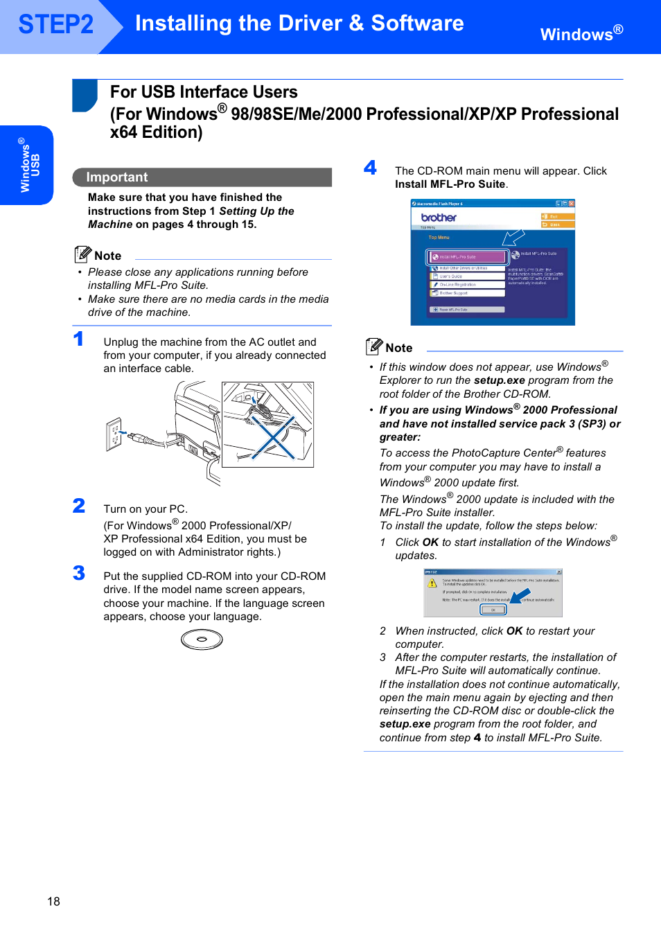 Windows, For usb interface users (for windows, For usb interface users | For windows, Step2, Installing the driver & software, Important | Brother MFC-845CW User Manual | Page 20 / 57