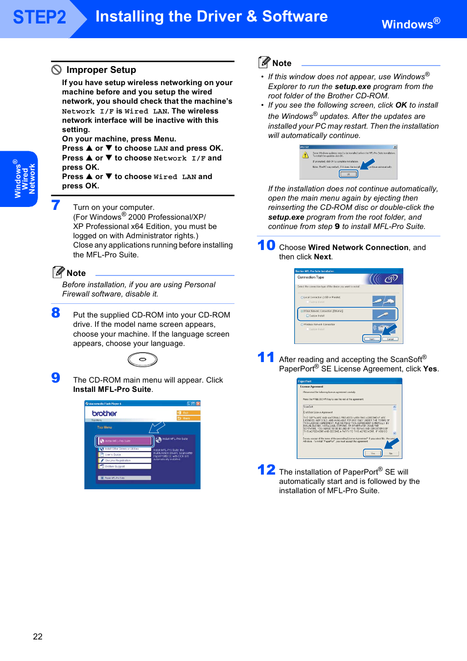 Step2, Installing the driver & software, Windows | Improper setup | Brother MFC-845CW User Manual | Page 24 / 57