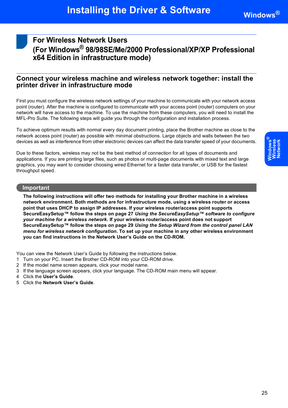 For wireless network users (for windows, Edition in infrastructure mode), 98/98se/me/2000 professional/xp | Installing the driver & software, Windows | Brother MFC-845CW User Manual | Page 27 / 57