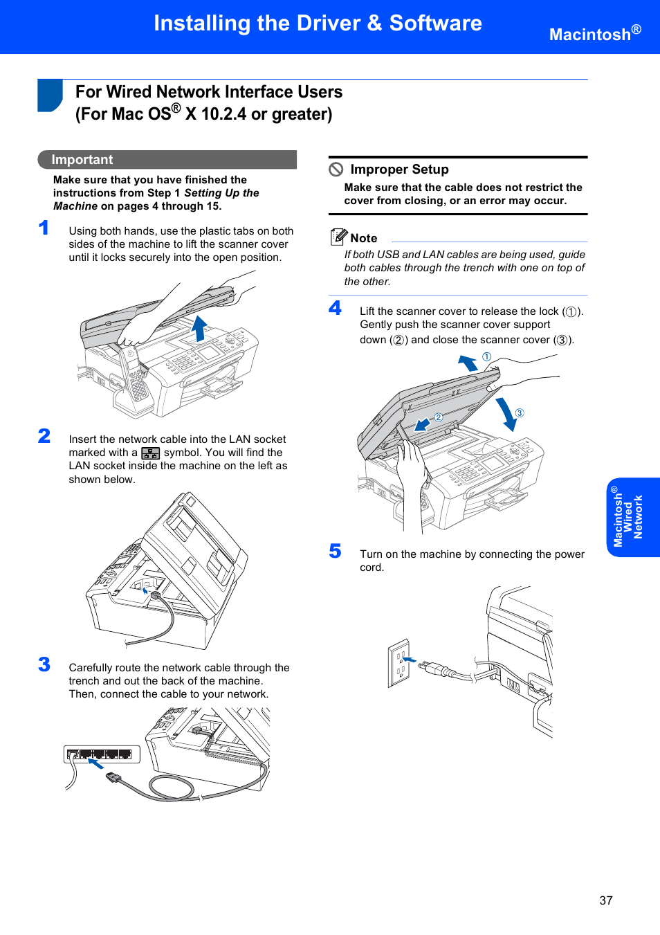 For wired network interface users (for mac os, X 10.2.4 or greater), For wired network interface users | For mac os, Installing the driver & software, Macintosh | Brother MFC-845CW User Manual | Page 39 / 57