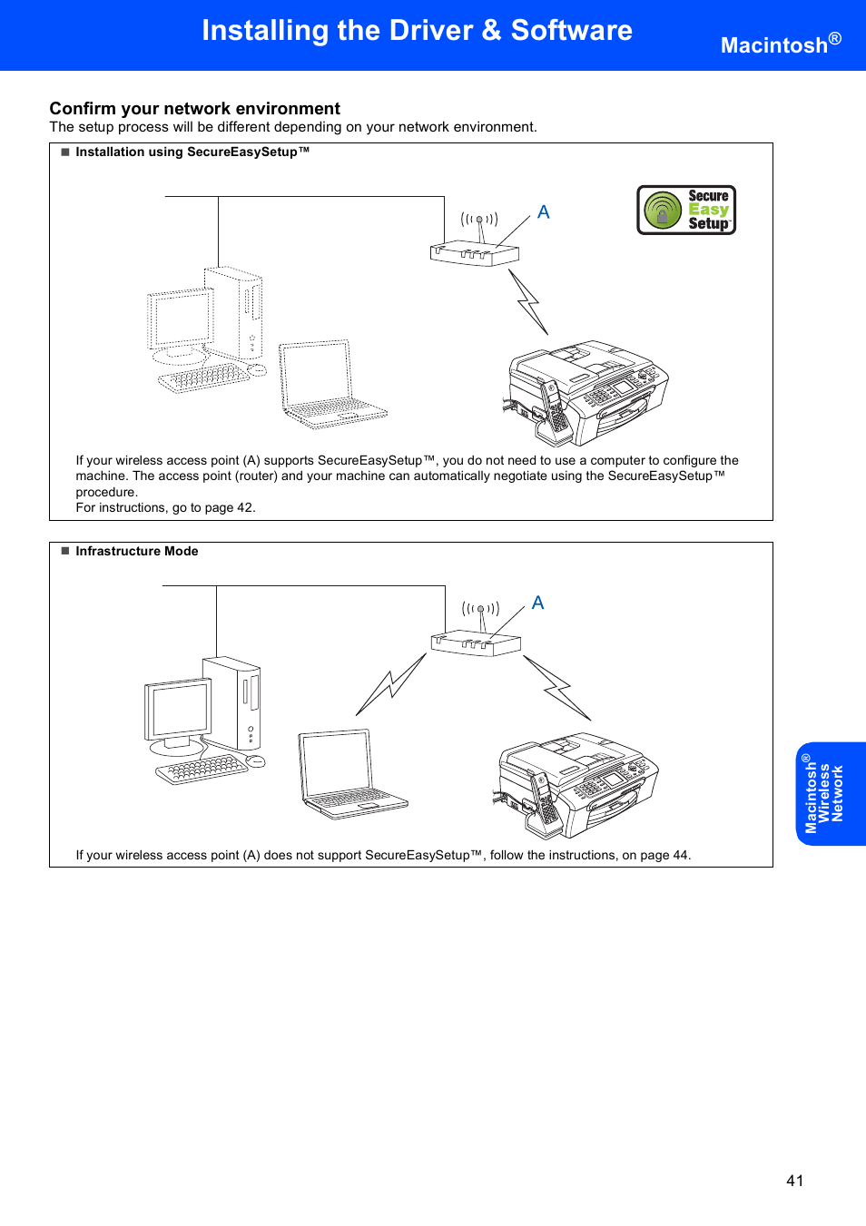 Installing the driver & software, Macintosh, Confirm your network environment | Brother MFC-845CW User Manual | Page 43 / 57
