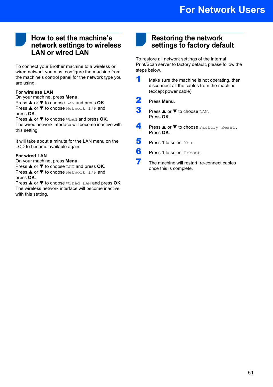 Restoring the network settings to factory default, For network users | Brother MFC-845CW User Manual | Page 53 / 57