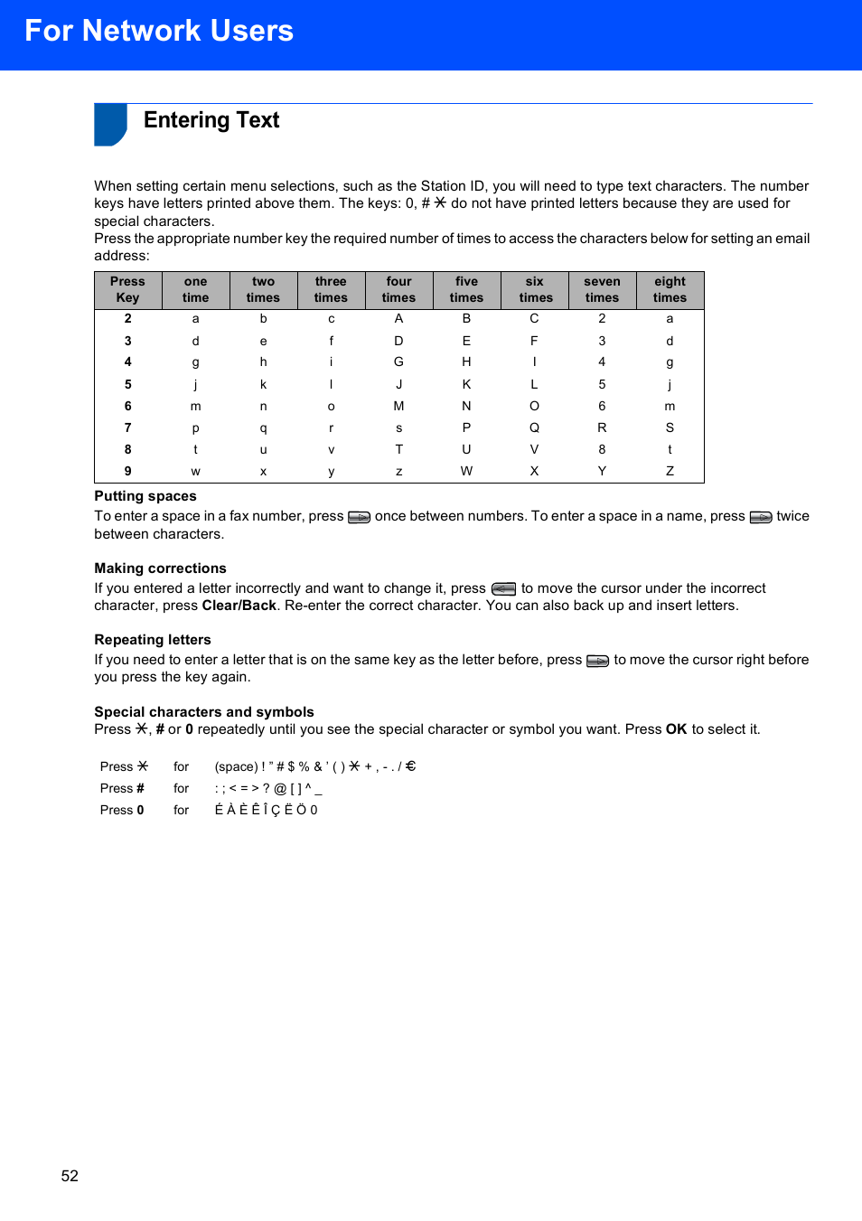 Entering text, For network users | Brother MFC-845CW User Manual | Page 54 / 57