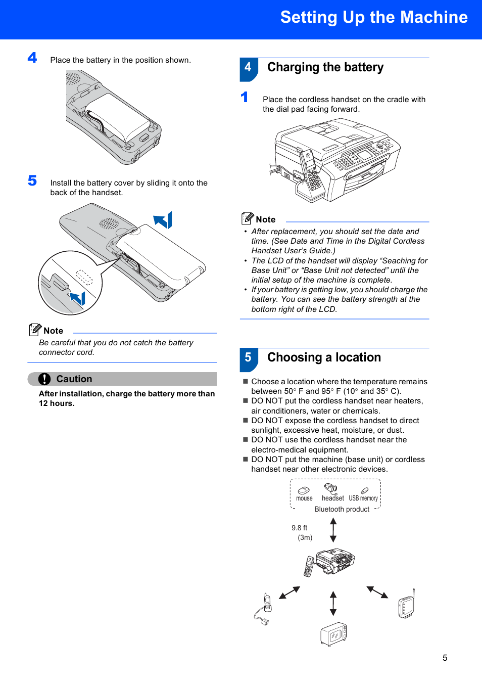 4 charging the battery, 5 choosing a location, Charging the battery choosing a location | Setting up the machine, 4charging the battery, 5choosing a location, Caution | Brother MFC-845CW User Manual | Page 7 / 57