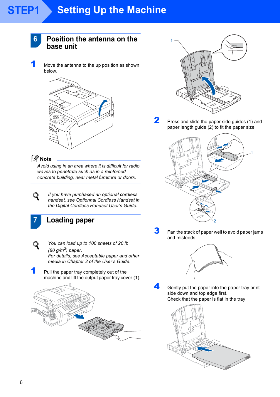 6 position the antenna on the base unit, 7 loading paper, Step1 | Setting up the machine, 6position the antenna on the base unit, 7loading paper | Brother MFC-845CW User Manual | Page 8 / 57