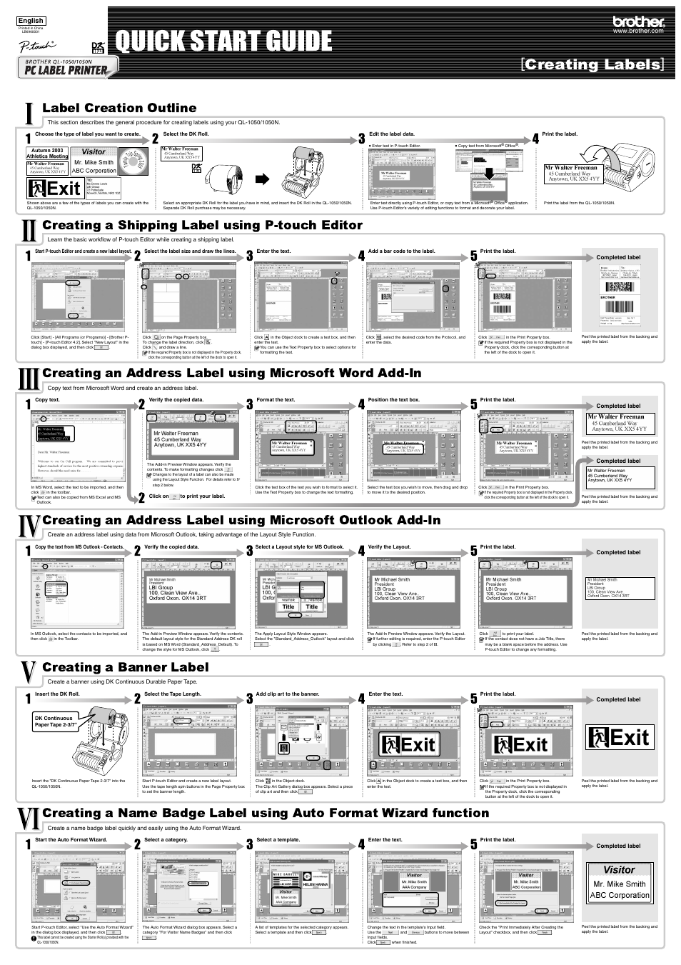 Quick start guide, Creating labels, Creating a banner label | Brother QL-1050N User Manual | Page 2 / 2