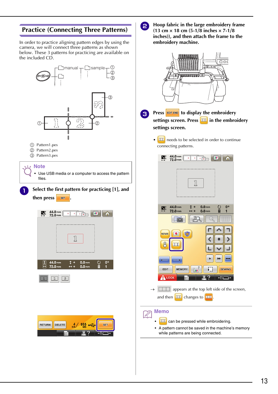 Practice (connecting three patterns) | Brother PR-1000 User Manual | Page 14 / 38