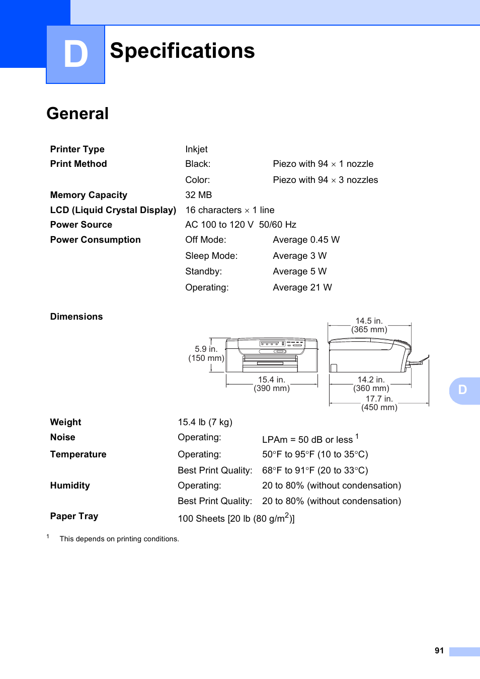 D specifications, General, Specifications | Brother DCP-375CW User Manual | Page 103 / 118