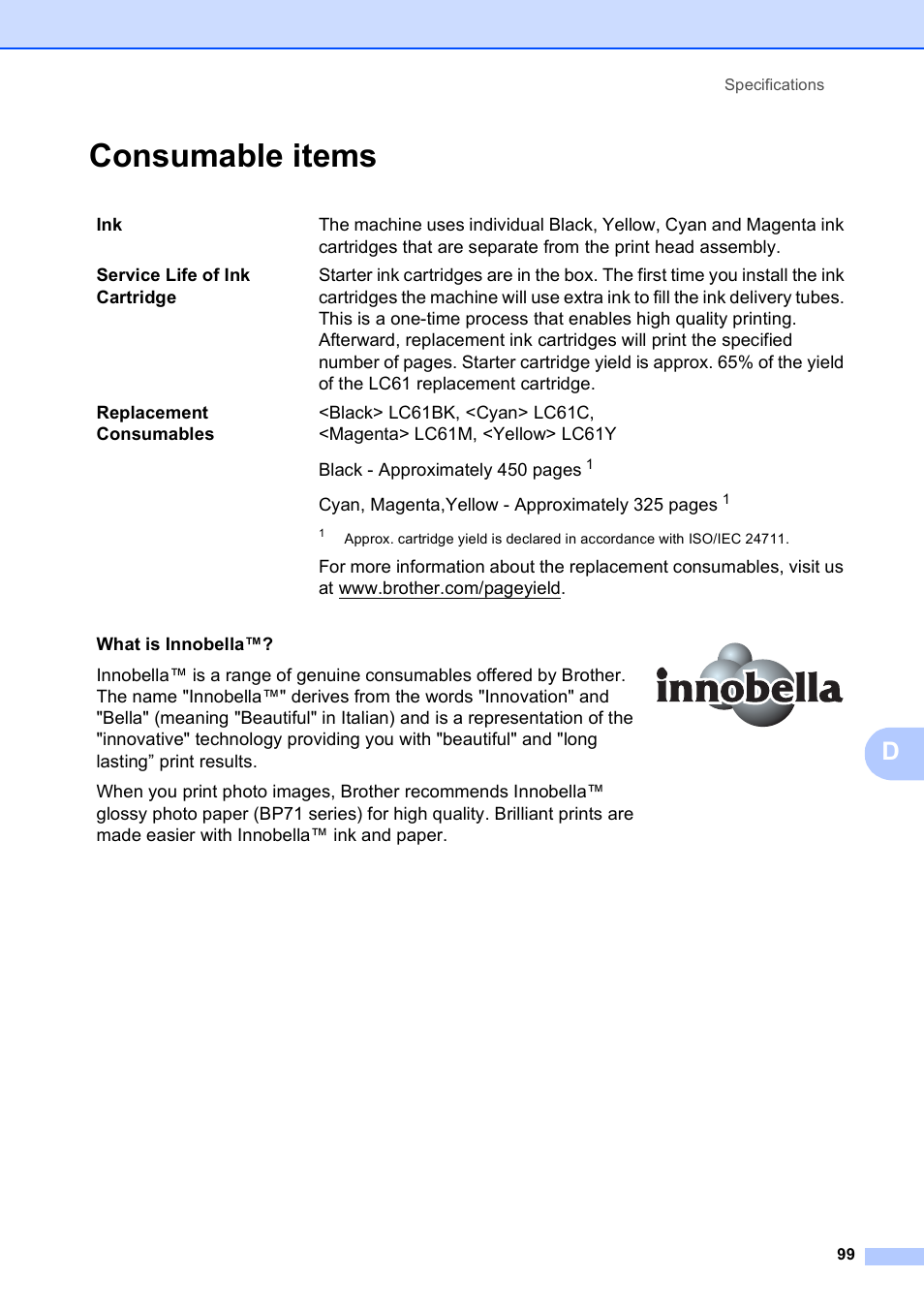 Consumable items | Brother DCP-375CW User Manual | Page 111 / 118
