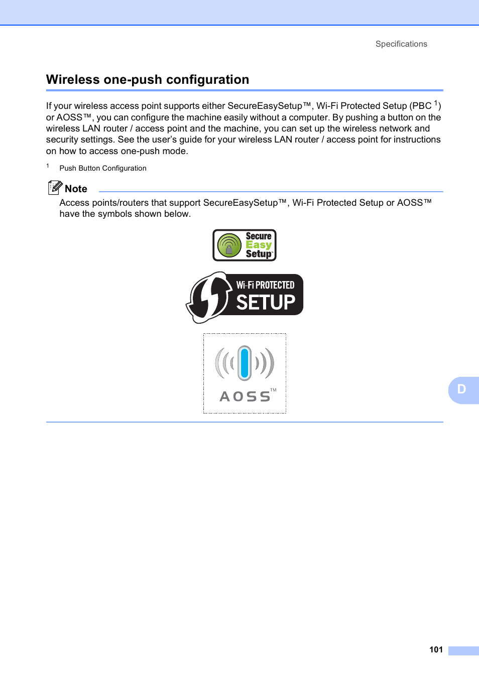 Wireless one-push configuration, Dwireless one-push configuration | Brother DCP-375CW User Manual | Page 113 / 118