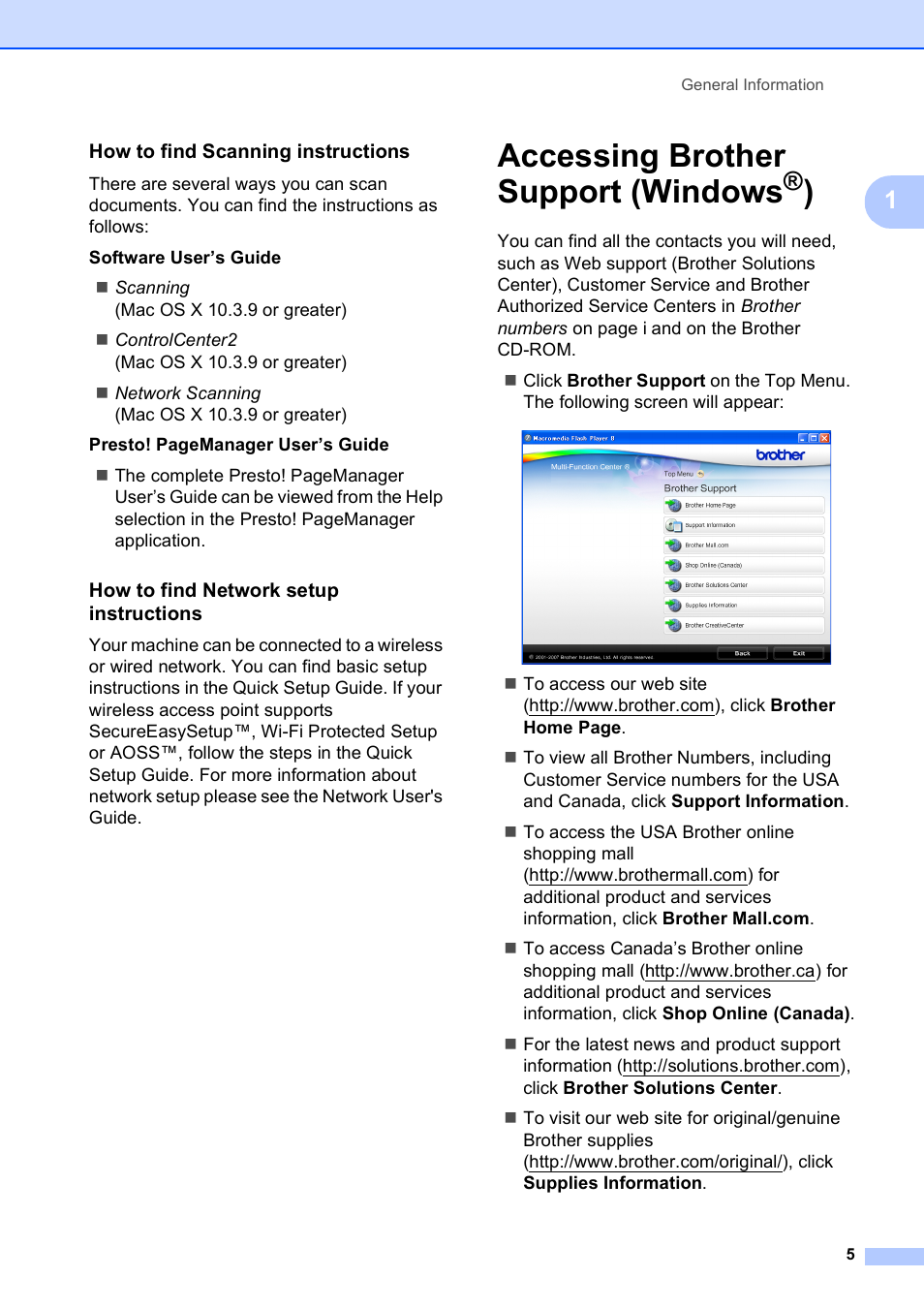 How to find scanning instructions, How to find network setup instructions, Accessing brother support (windows®) | Accessing brother support (windows | Brother DCP-375CW User Manual | Page 17 / 118