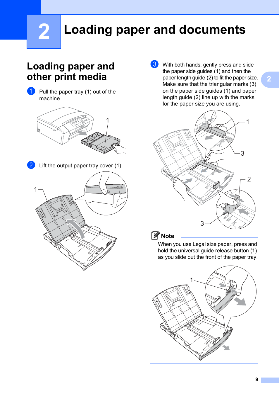 2 loading paper and documents, Loading paper and other print media, Loading paper and documents | Brother DCP-375CW User Manual | Page 21 / 118