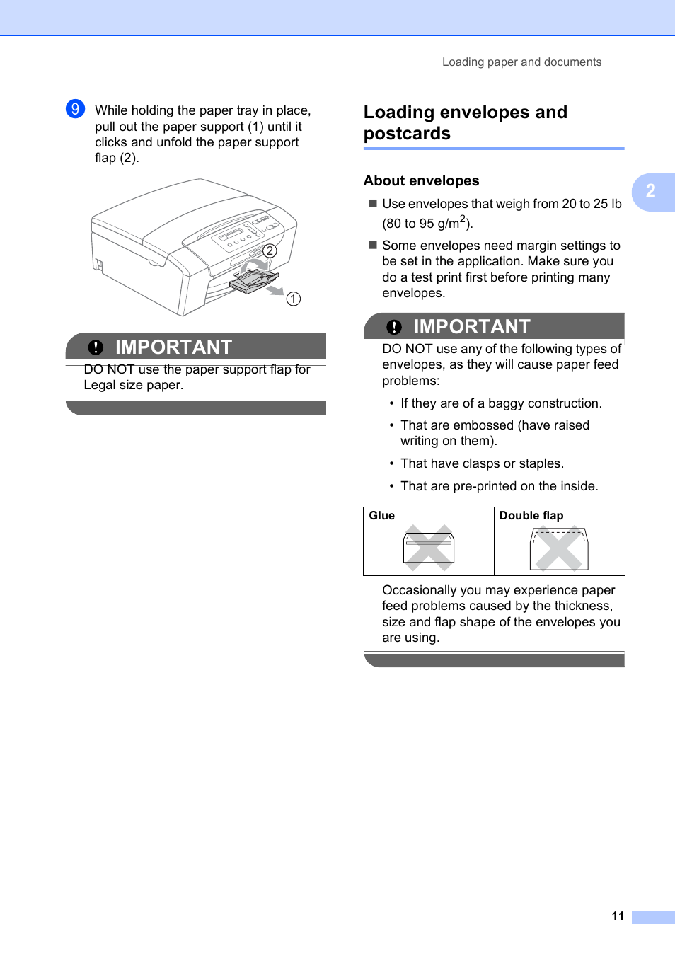Loading envelopes and postcards, About envelopes, Important | Brother DCP-375CW User Manual | Page 23 / 118