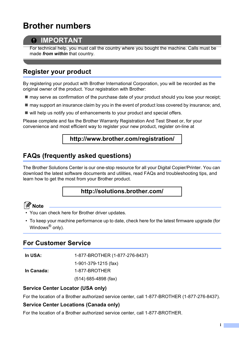 Brother numbers, Register your product, Faqs (frequently asked questions) | For customer service, Important | Brother DCP-375CW User Manual | Page 3 / 118