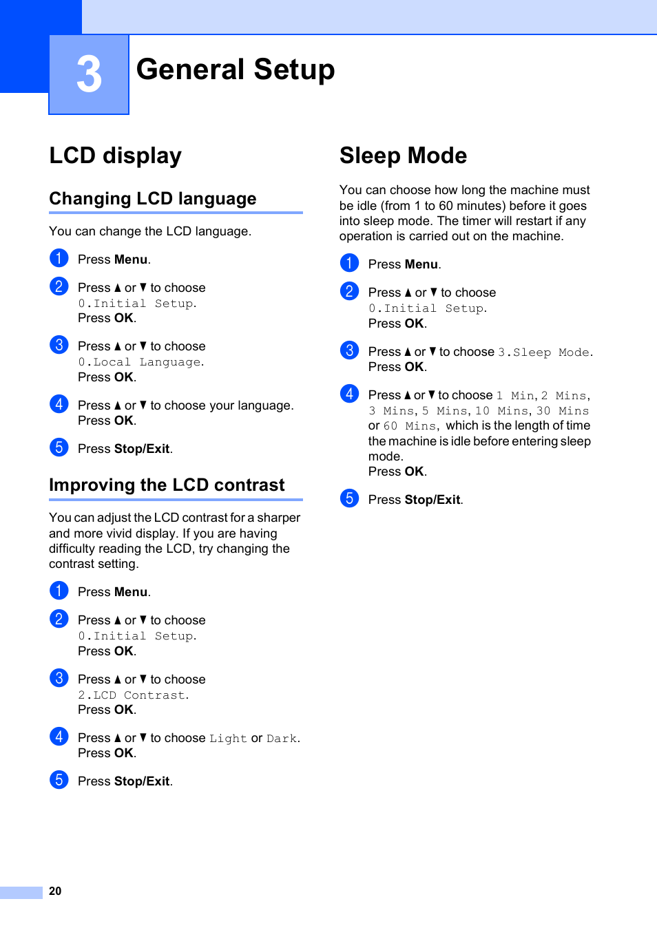 3 general setup, Lcd display, Changing lcd language | Improving the lcd contrast, Sleep mode, General setup, Changing lcd language improving the lcd contrast | Brother DCP-375CW User Manual | Page 32 / 118