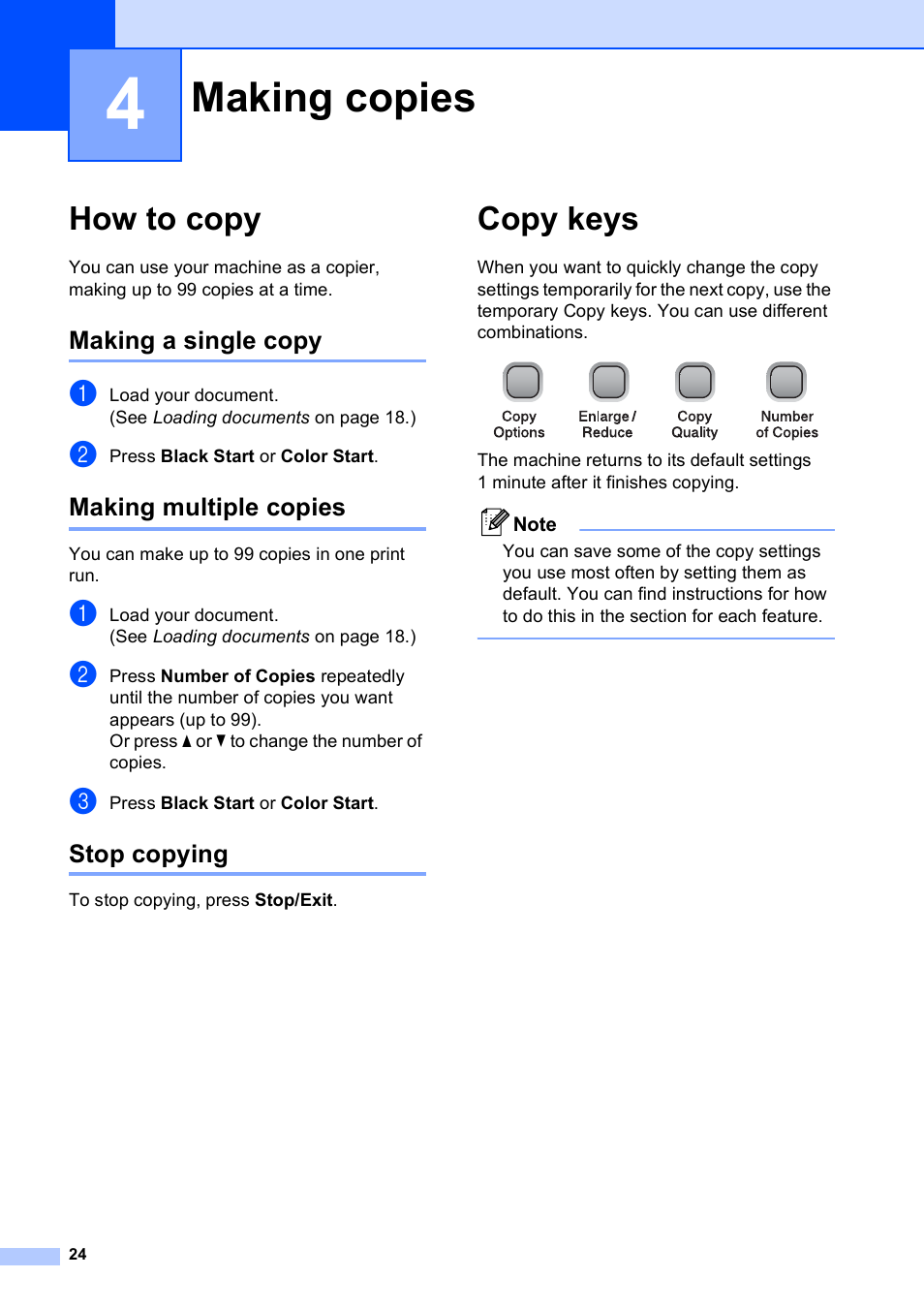 4 making copies, How to copy, Making a single copy | Making multiple copies, Stop copying, Copy keys, Making copies | Brother DCP-375CW User Manual | Page 36 / 118