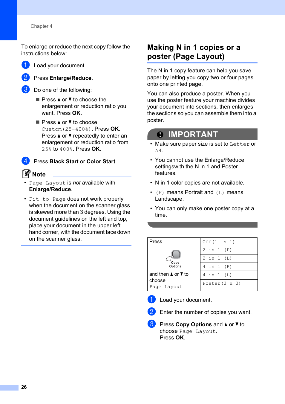 Important, Making n in 1 copies or a poster (page layout) | Brother DCP-375CW User Manual | Page 38 / 118