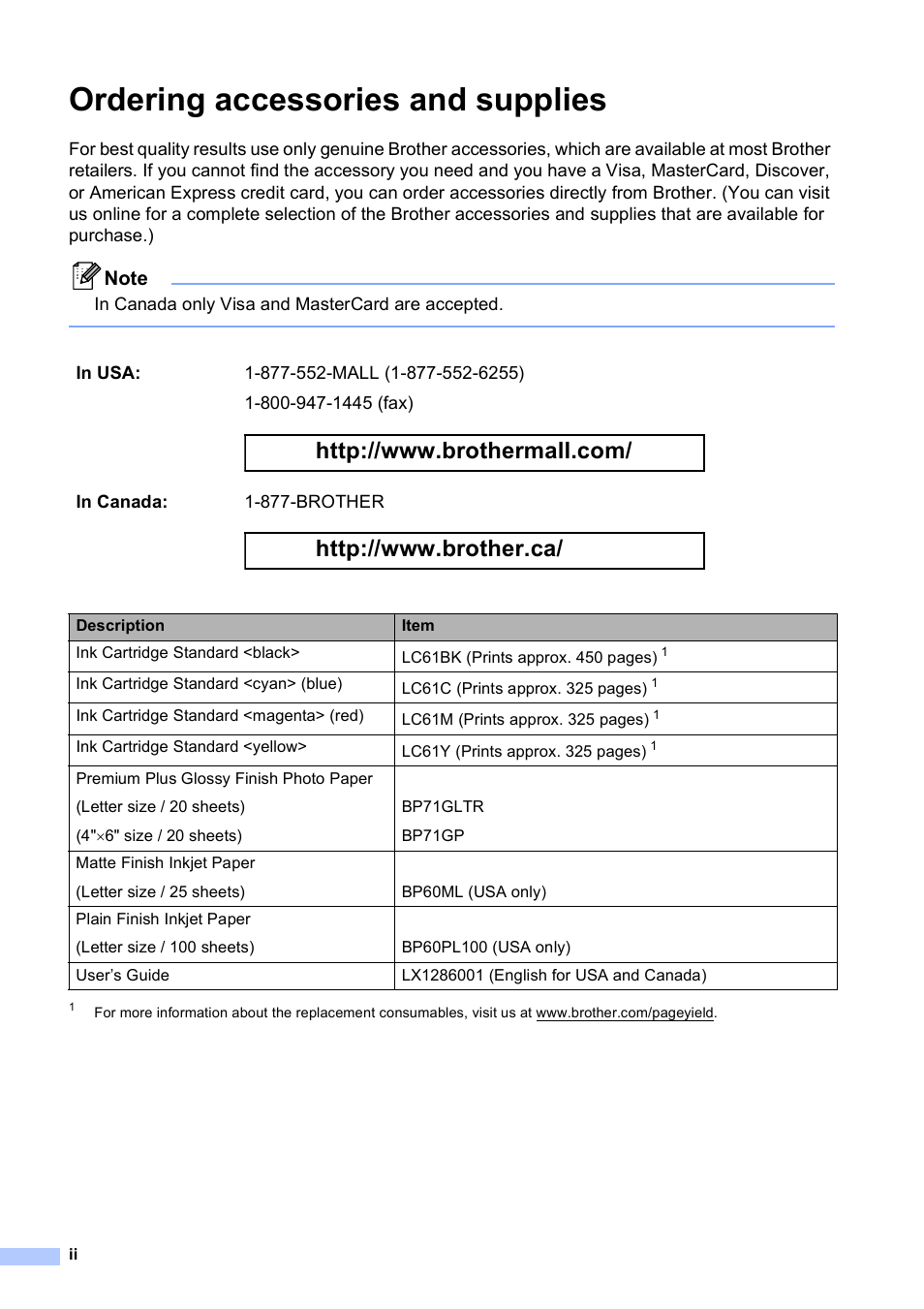 Ordering accessories and supplies | Brother DCP-375CW User Manual | Page 4 / 118