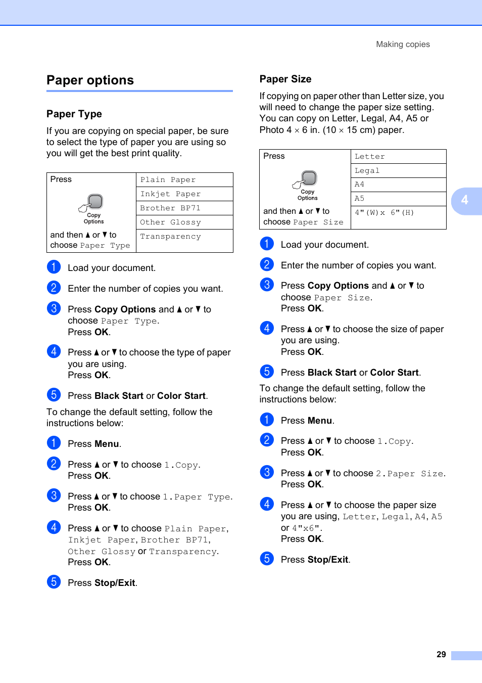 Paper options, Paper type, Paper size | 4paper options | Brother DCP-375CW User Manual | Page 41 / 118