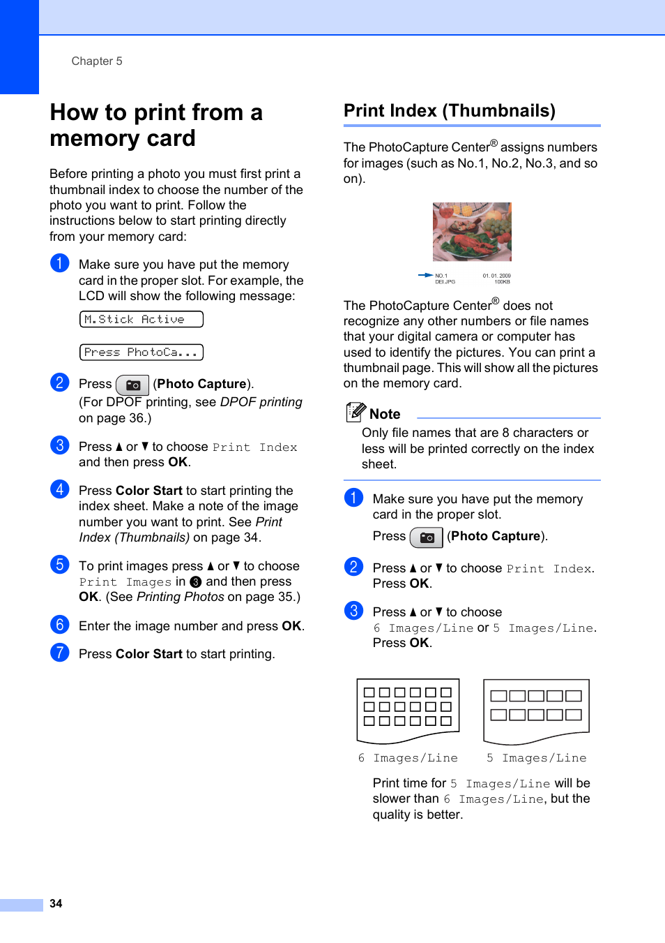 How to print from a memory card, Print index (thumbnails) | Brother DCP-375CW User Manual | Page 46 / 118